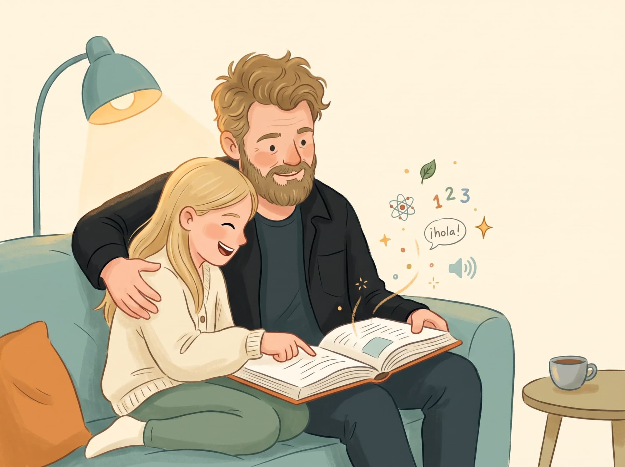 Tecknad bild: en pappa med armen om sin skrattande dotter i en soffa under en läslampa. De läser en bok tillsammans, och en atom, siffror och ett ¡hola! svävar upp ur boken.